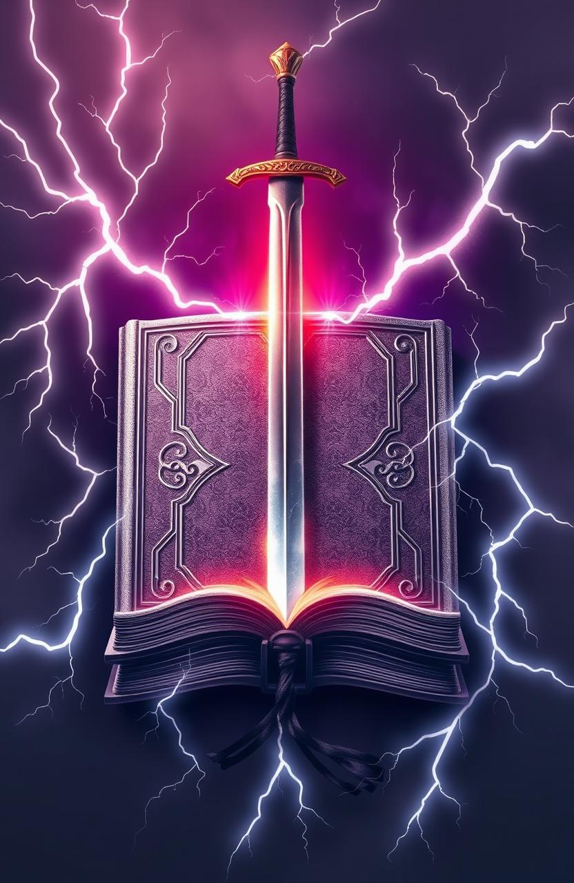 A book cover design featuring a long sword piercing through the center of the book