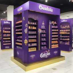 Design a Cadbury display stand inspired by Ramadan with dimensions 240x160x150 cm. Incorporate Islamic shapes, glass materials, soft lighting, and shelves adorned with Ramadan lanterns, creating a captivating haven for chocolate enthusiasts.