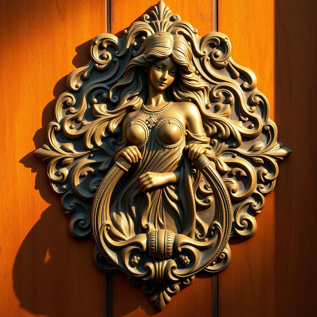 An ornate door knocker featuring an elegant woman, depicted in a classic pose that exudes grace and strength