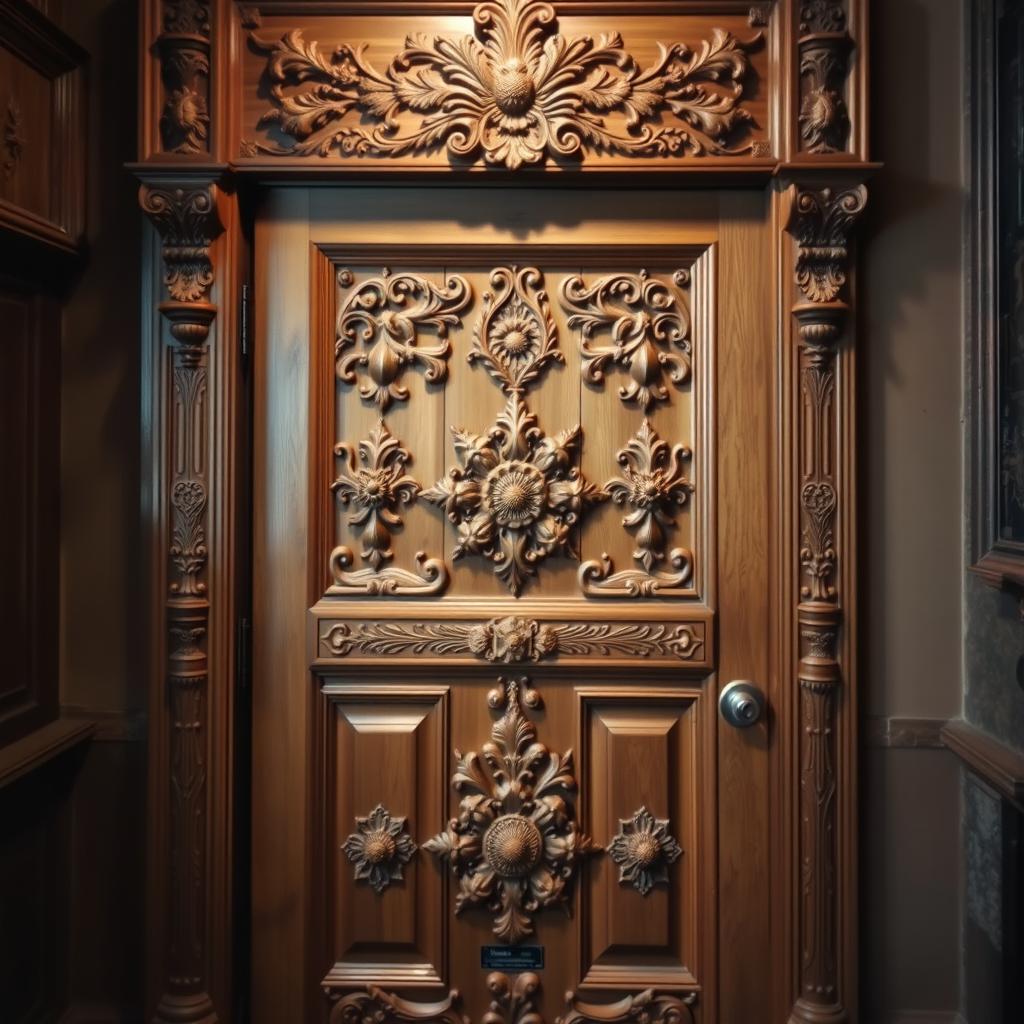 A beautifully crafted antique door, rich in intricate carvings and ornate detailing