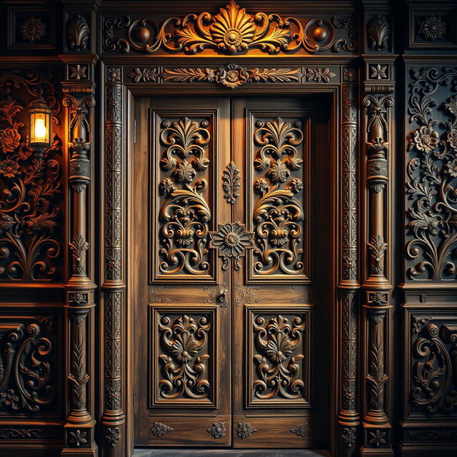 A beautifully crafted antique door, rich in intricate carvings and ornate detailing