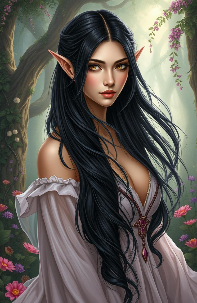 A stunning woman with long black hair flowing elegantly, captivating silver eyes that sparkle with mystery