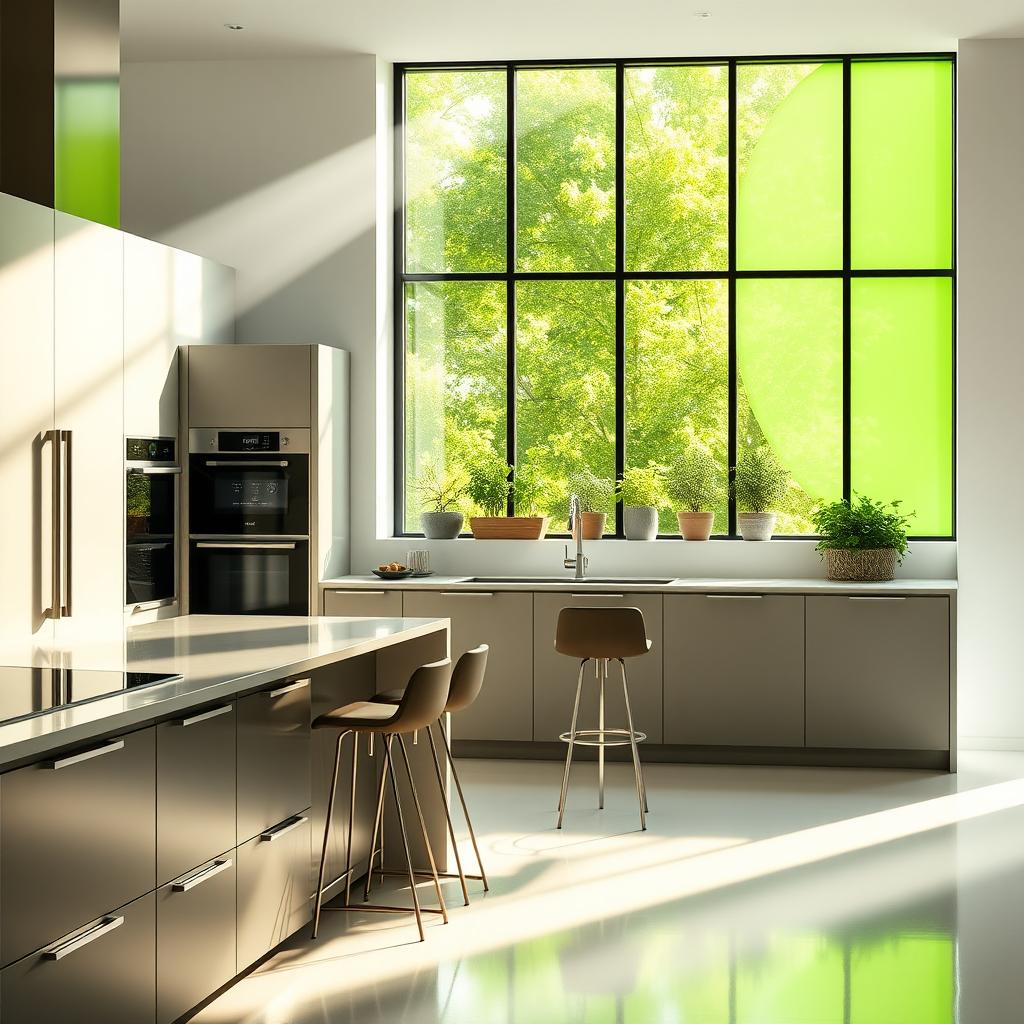 A sleek, modern kitchen with high-end appliances, featuring a large green window in the background