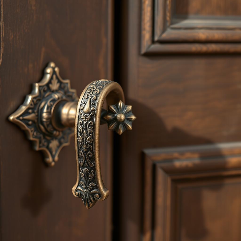 An elegant antique door handle, beautifully designed with intricate engravings featuring motifs inspired by Cyrus the Great