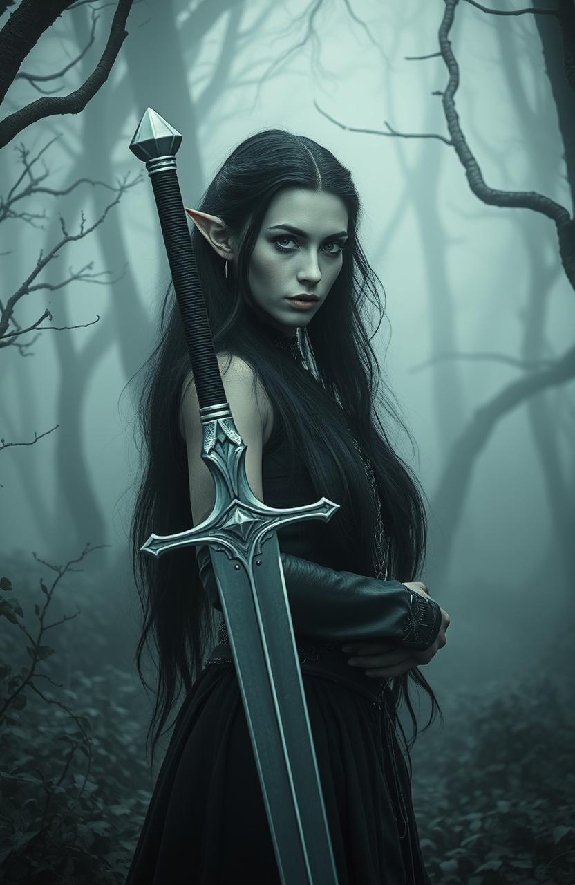 A mystical gray forest shrouded in fog, featuring a woman with long black hair and striking silver eyes