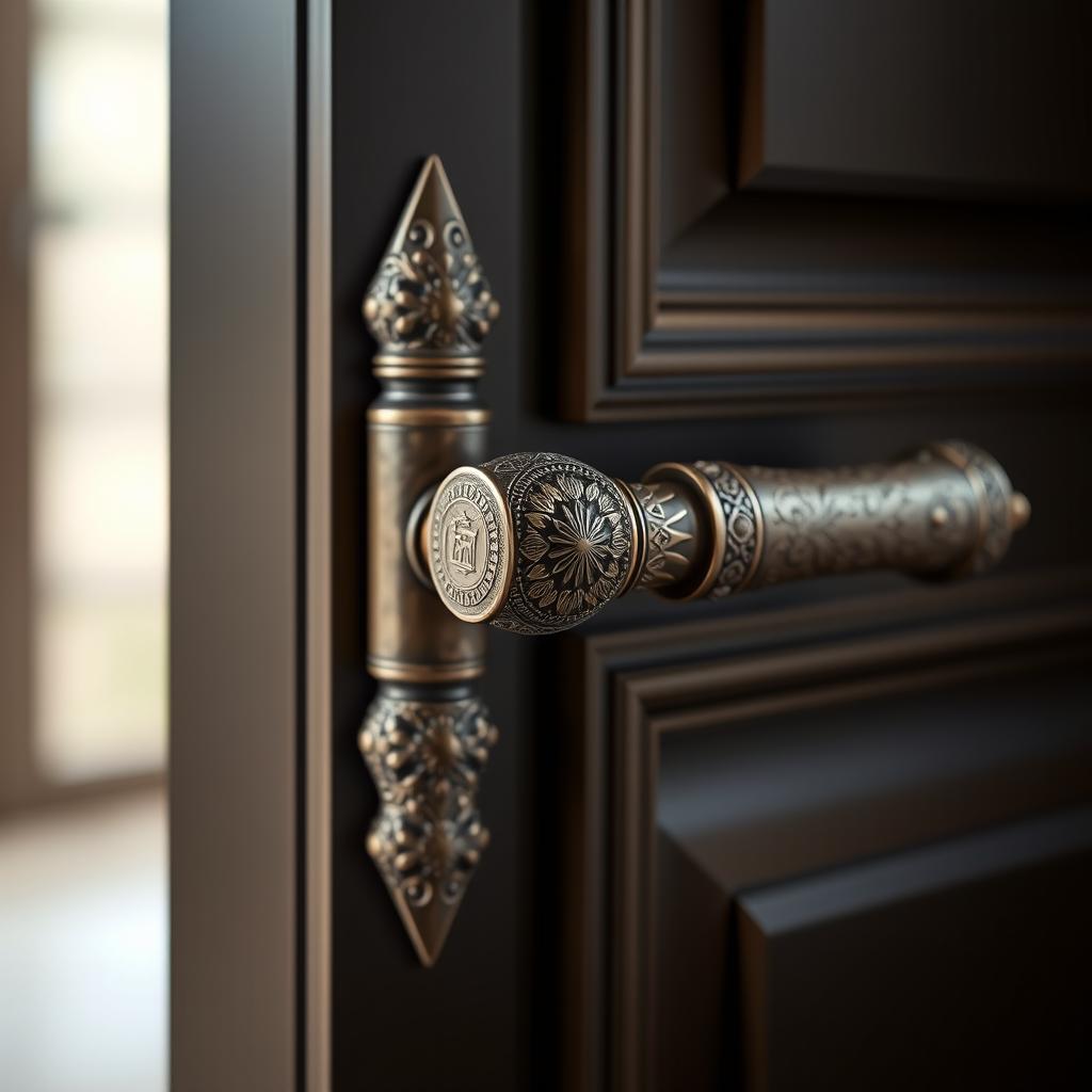 A tall, elegant rod-shaped door handle featuring intricate engravings inspired by Cyrus the Great
