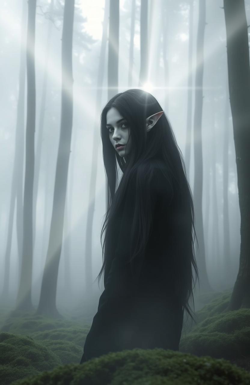 A magical gray forest shrouded in mist, featuring a woman with long black hair and striking silver eyes