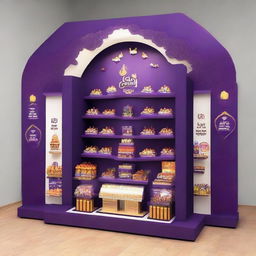 Design a Cadbury display stand inspired by Ramadan with dimensions 240x160x150 cm. Incorporate Islamic shapes, glass materials, soft lighting, and shelves adorned with Ramadan lanterns, creating a captivating haven for chocolate enthusiasts.