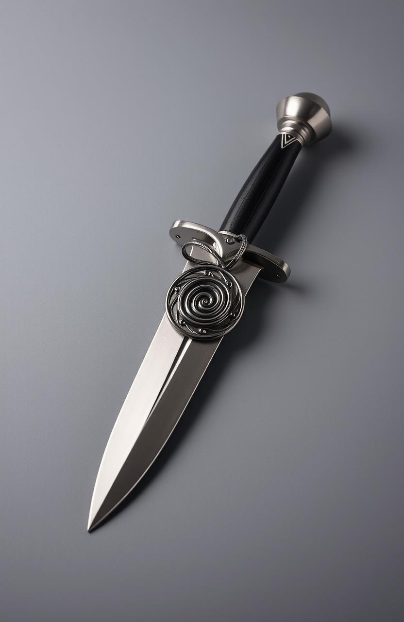 A simple dagger adorned with a beautifully detailed, spiraling amulet wrapped around its blade