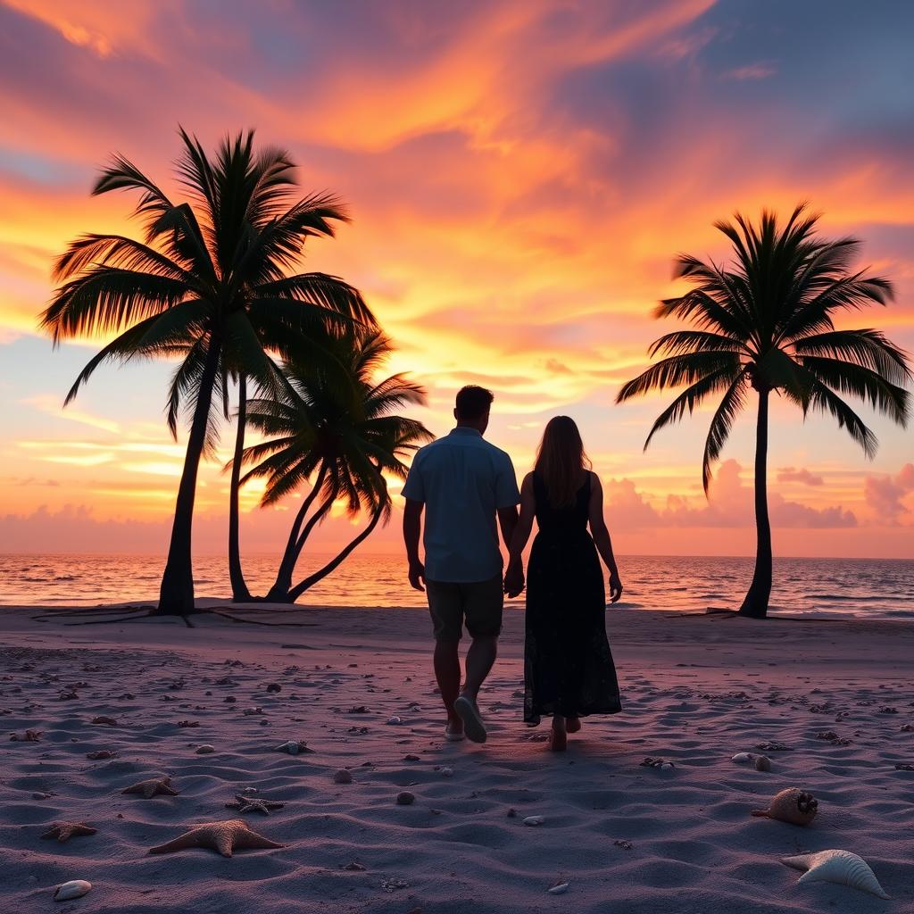 A vibrant and picturesque sunset over a tranquil beach, with palm trees swaying gently in the breeze