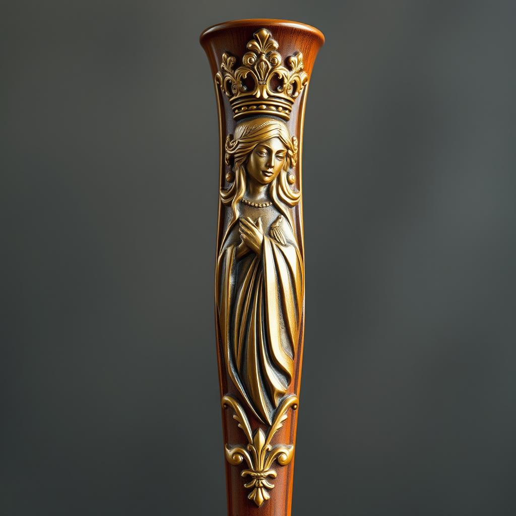 A tall standing handle with an intricate design featuring a queen motif, showcasing regal elements such as a crown, elegant robes, and flowing hair