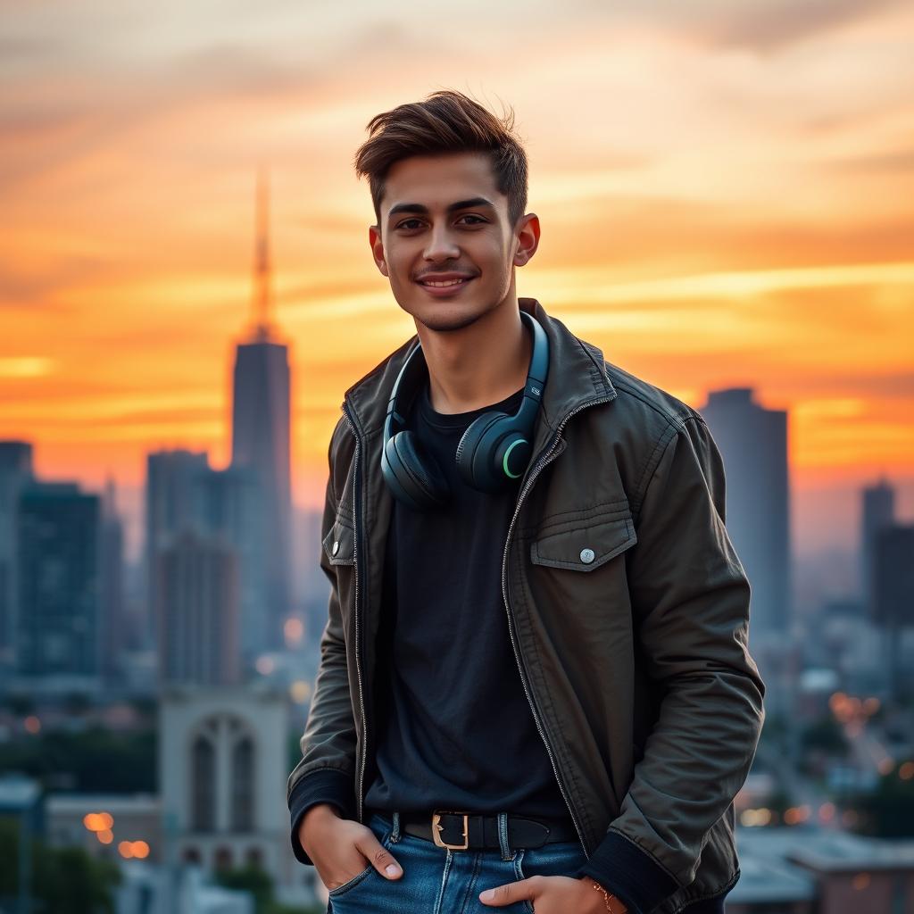 A fashionable young man confidently posing against an urban city skyline at sunset, wearing a stylish jacket and trendy jeans, with a pair of headphones casually draped around his neck