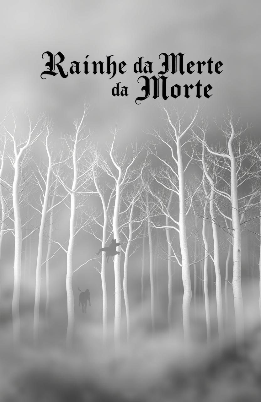 A mystical forest scene with a gray and silver background, featuring multiple white trees shrouded in wispy smoke