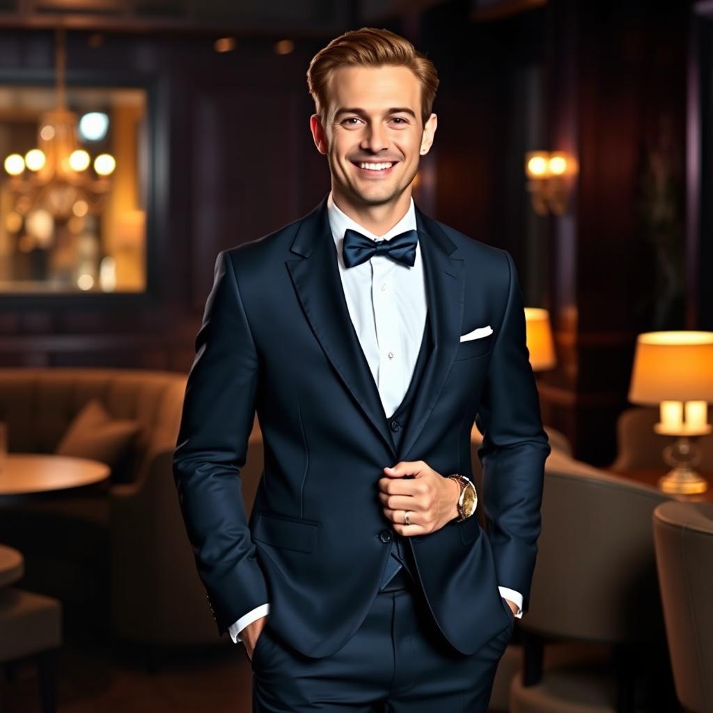 A charming and elegant gentleman standing confidently in a sophisticated suit, featuring a classic solid-colored tie instead of a bowtie
