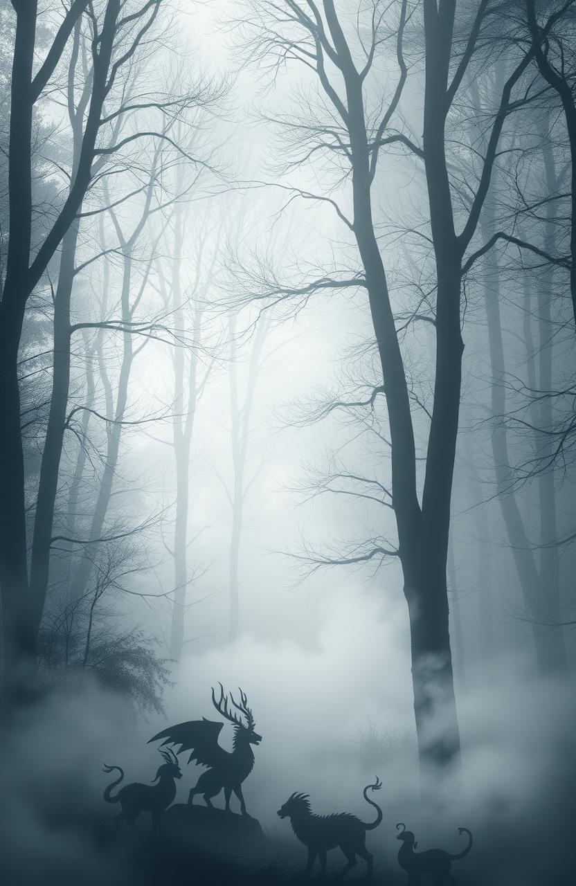 A mystical forest background featuring various white trees, enveloped in a subtle gray and silver mist
