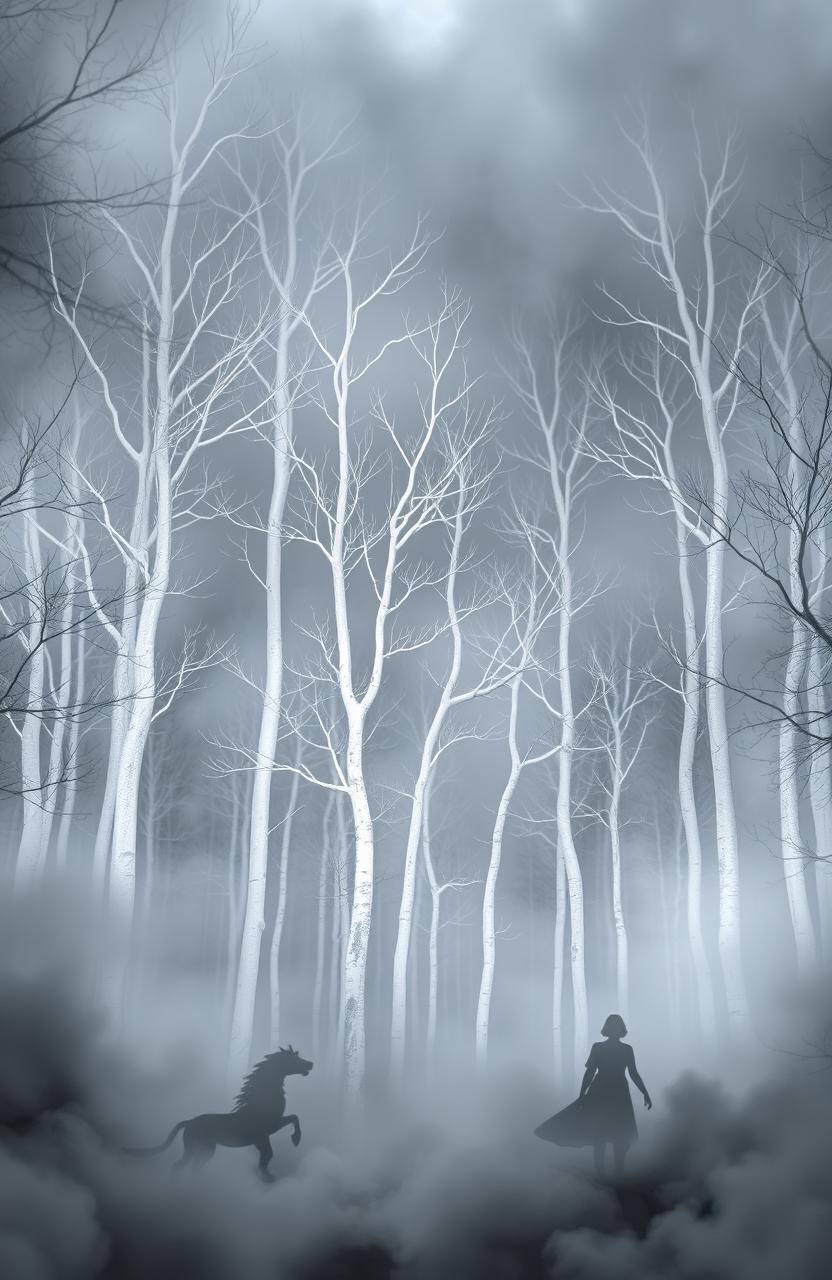 A mystical forest background featuring multiple white trees shrouded in a blend of gray and silver hues