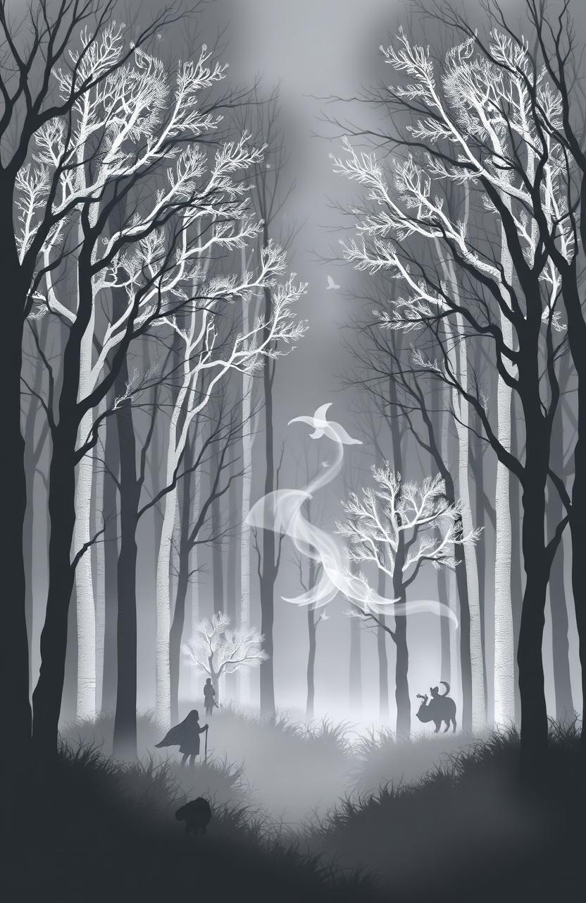 A magical forest with a gray and silver background, featuring a variety of white trees