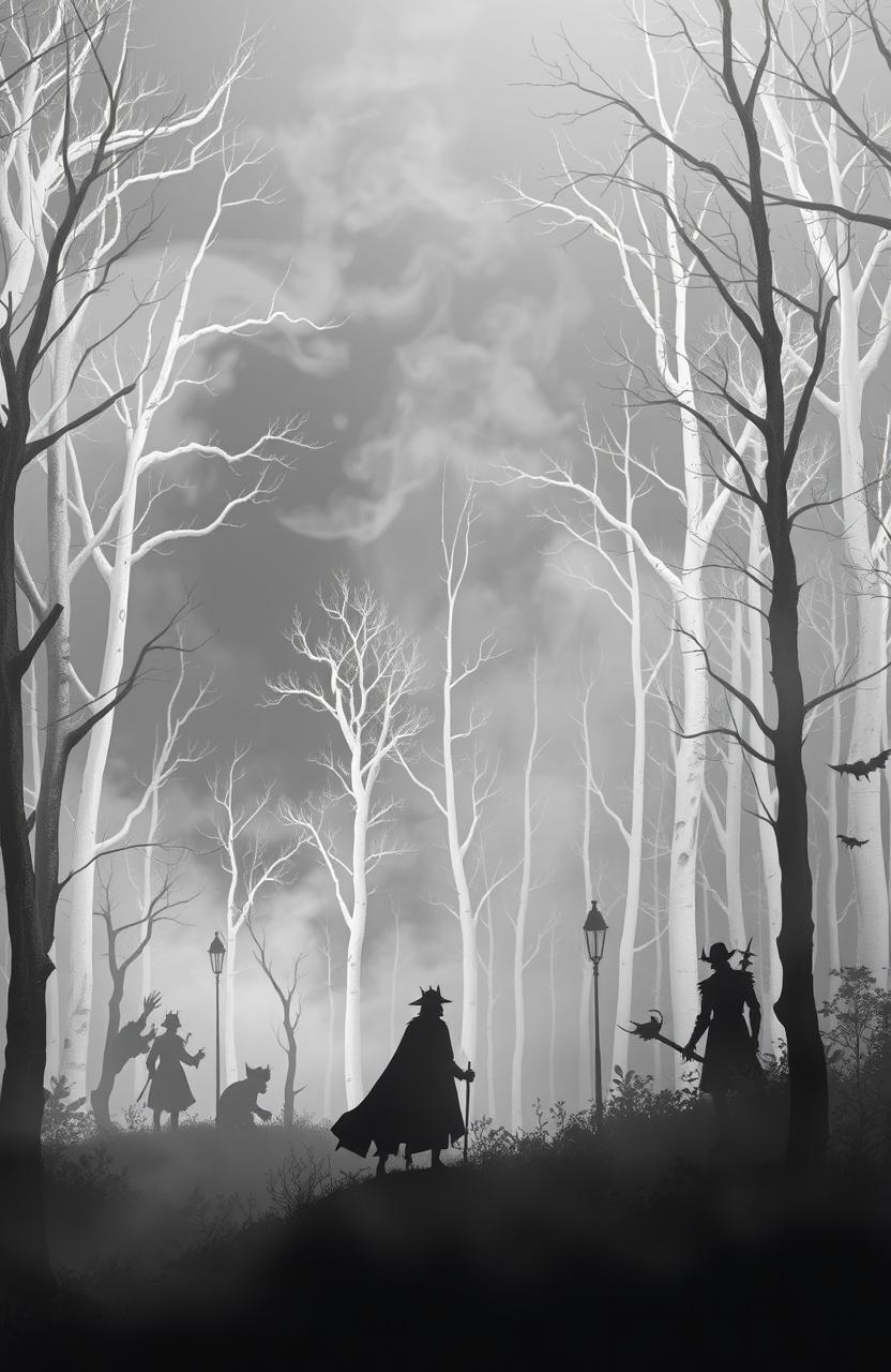 A mystical forest scene featuring a gray and silver background with numerous white trees