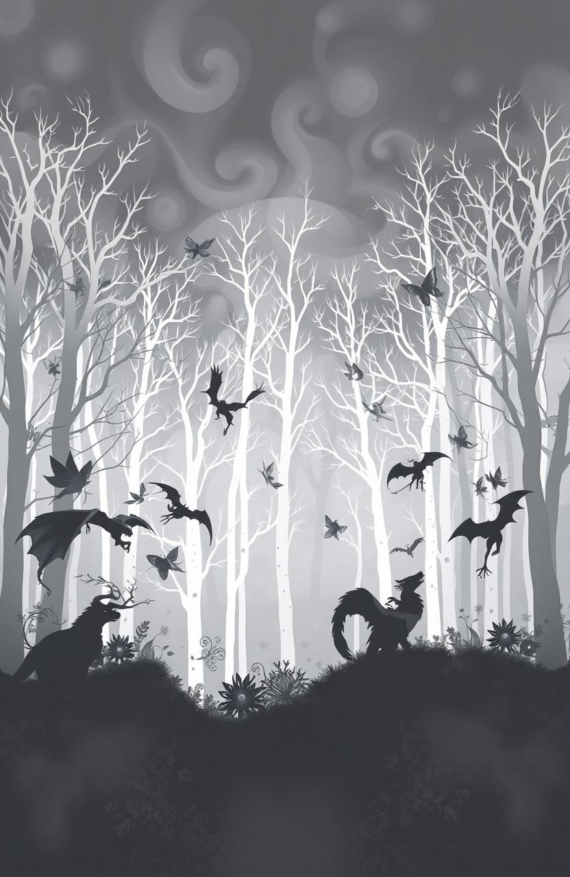 A mystical forest scene with a gray and silver background featuring numerous white trees