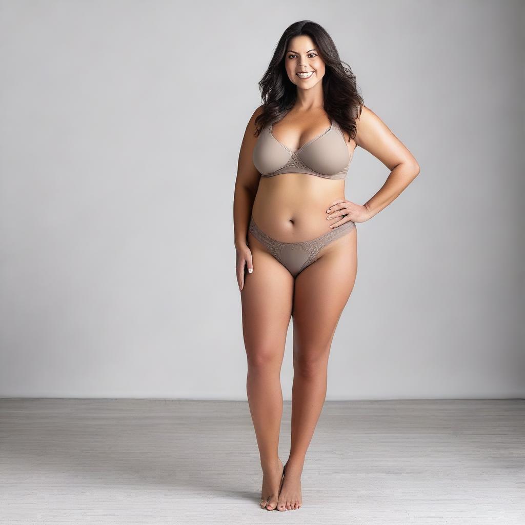 A high-quality photograph captures a full-body image of an attractive brunette mother