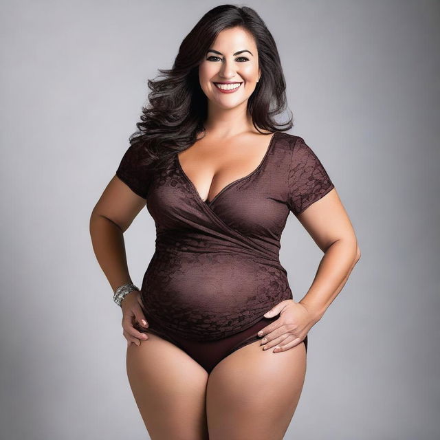 A high-quality photograph captures a full-body image of an attractive brunette mother