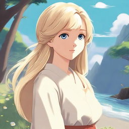 A digital art image of the highest quality, showcasing a blonde girl in the distinctive Studio Ghibli style
