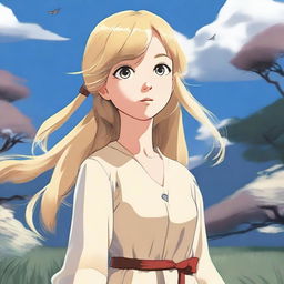 A digital art image of the highest quality, showcasing a blonde girl in the distinctive Studio Ghibli style