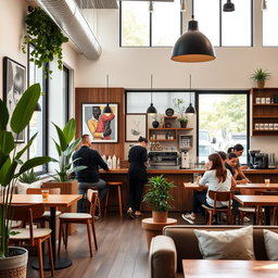 A cozy modern coffee shop interior featuring stylish wooden furniture, green plants, and large windows allowing natural light to flood in