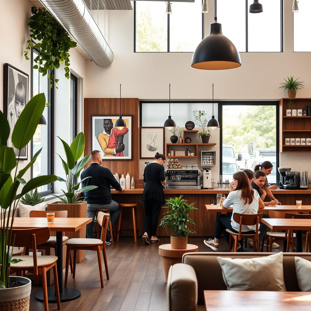 A cozy modern coffee shop interior featuring stylish wooden furniture, green plants, and large windows allowing natural light to flood in