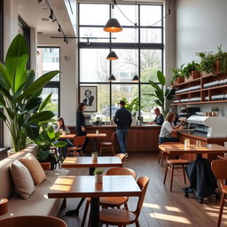 A cozy modern coffee shop interior featuring stylish wooden furniture, green plants, and large windows allowing natural light to flood in