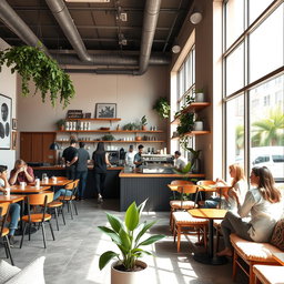 A cozy modern coffee shop interior featuring stylish wooden furniture, green plants, and large windows allowing natural light to flood in