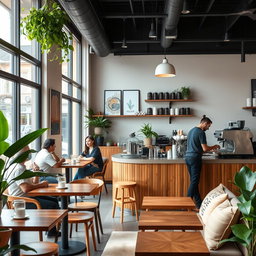 A cozy modern coffee shop interior featuring stylish wooden furniture, green plants, and large windows allowing natural light to flood in