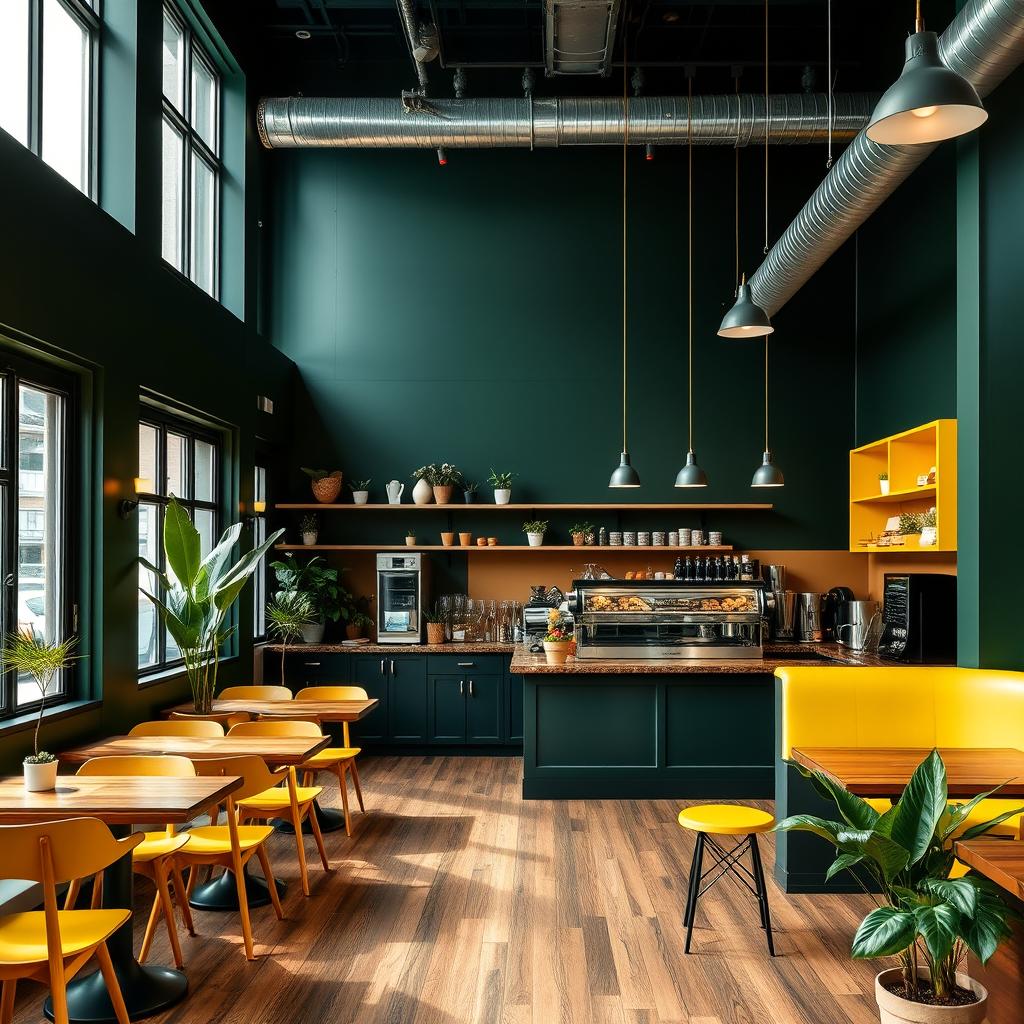 A modern coffee shop interior featuring a dark green and yellow color palette, with wooden flooring