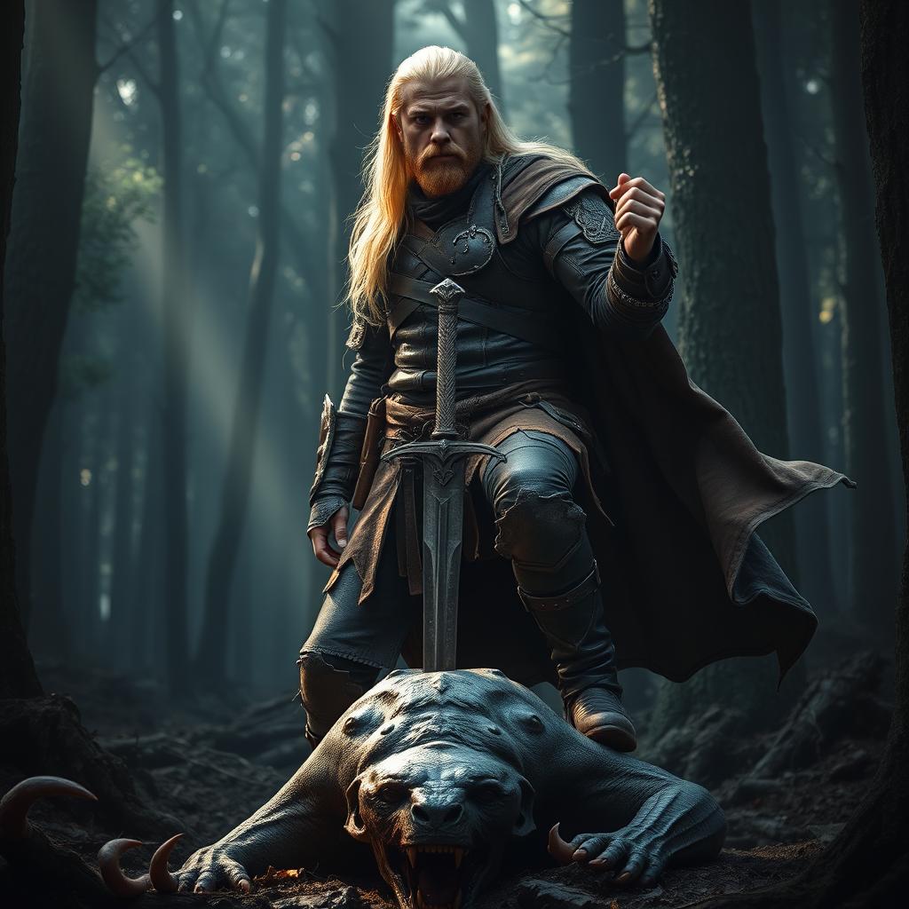 A striking blond man with long hair and no beard, standing tall at six feet and weighing eighty kilos