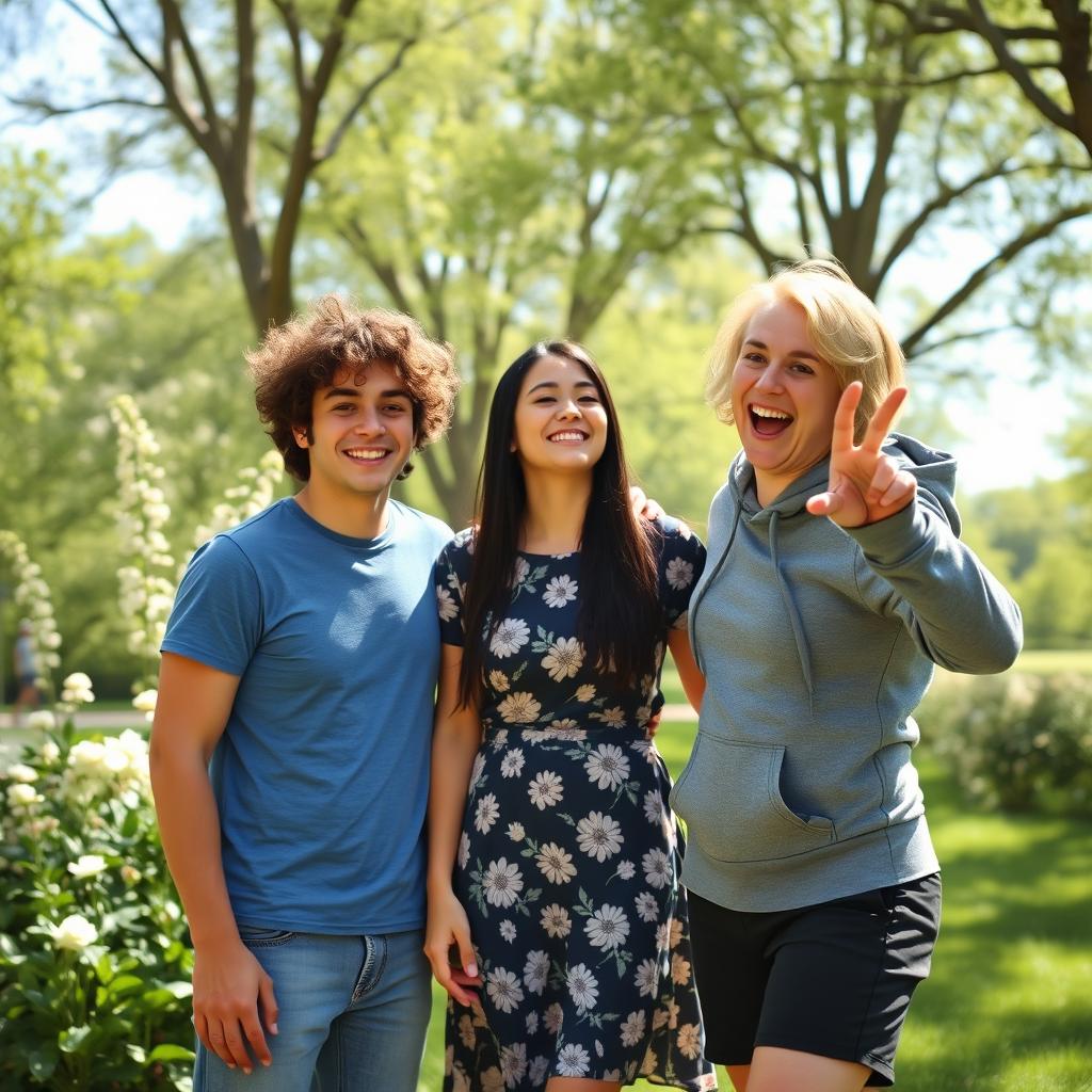 A group of three friends standing together in a lush green park, enjoying a sunny day