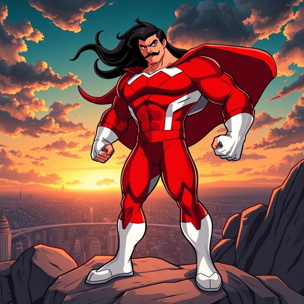 A powerful, muscular superhero resembling Omni-Man from the animated series *Invincible*, dressed in a bold, distinctive red and white costume
