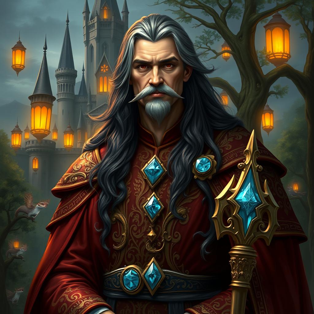 A regal fantasy lord with long, dark hair interspersed with strands of gray, featuring a well-groomed mustache but no beard
