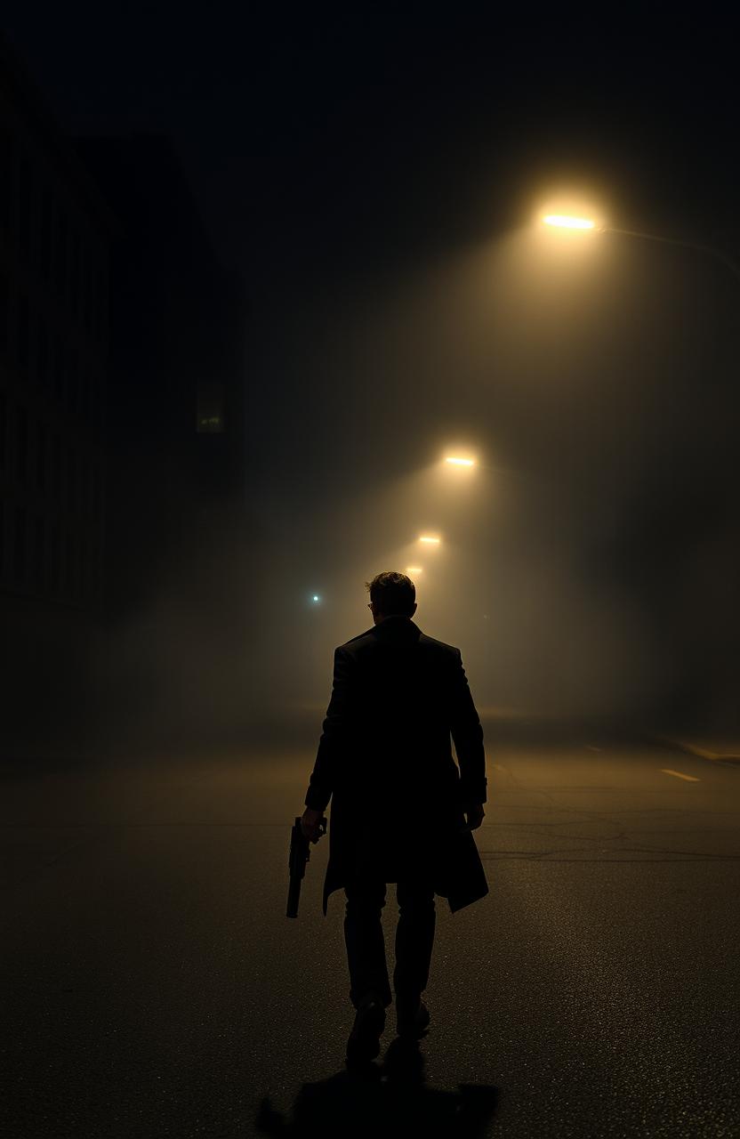 A deserted empty street in a United States city at night, featuring a solitary man with brown hair dressed in dark clothing