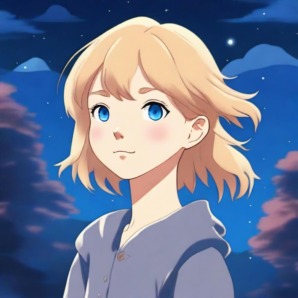 This high-quality digital art image, rendered in the enchanting Studio Ghibli style, showcases a teenage girl with medium blonde hair and deep blue eyes