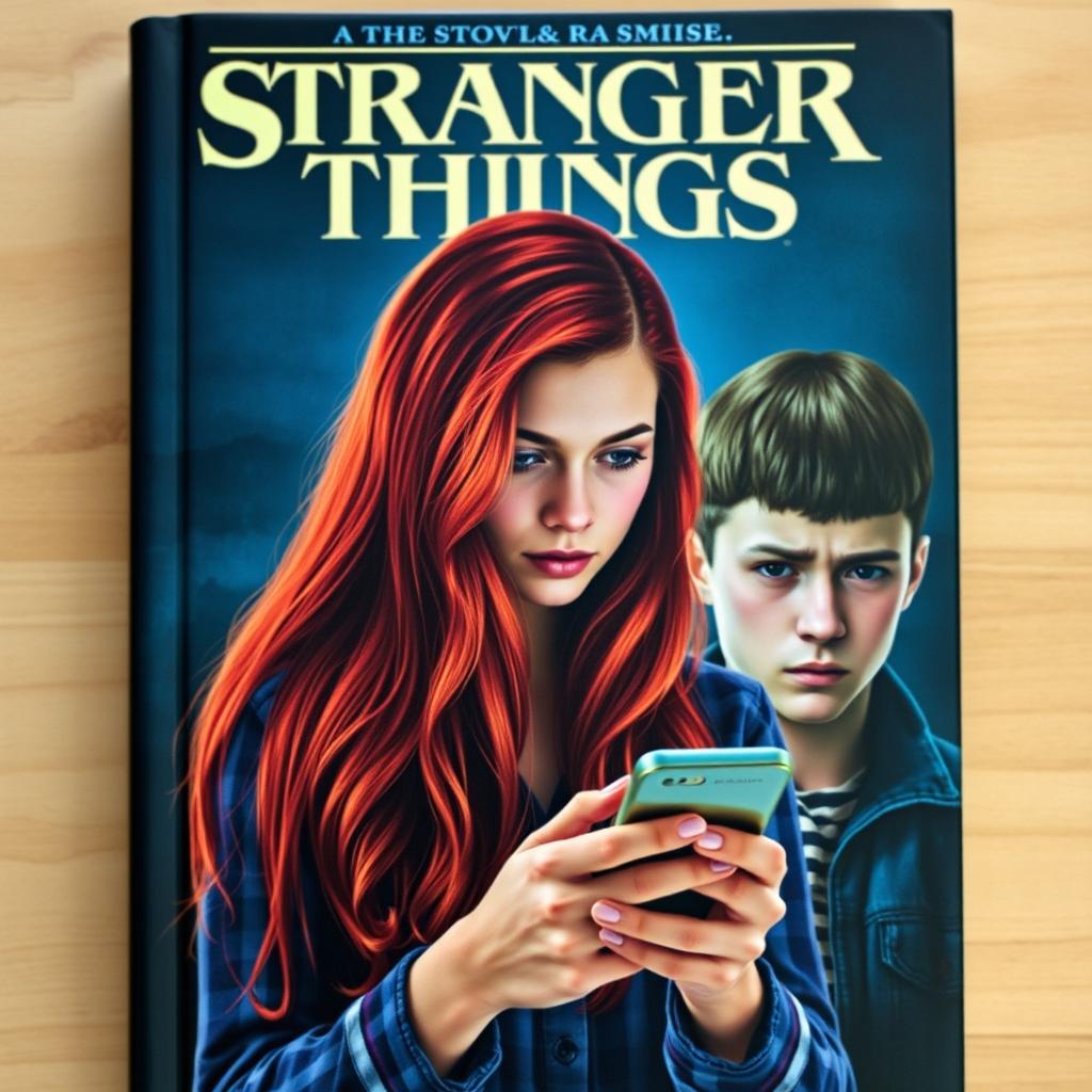A captivating book cover featuring a beautiful, long-haired redhead woman centered in the foreground, actively using a smartphone