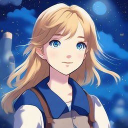 This high-quality digital art image, rendered in the enchanting Studio Ghibli style, showcases a teenage girl with medium blonde hair and deep blue eyes