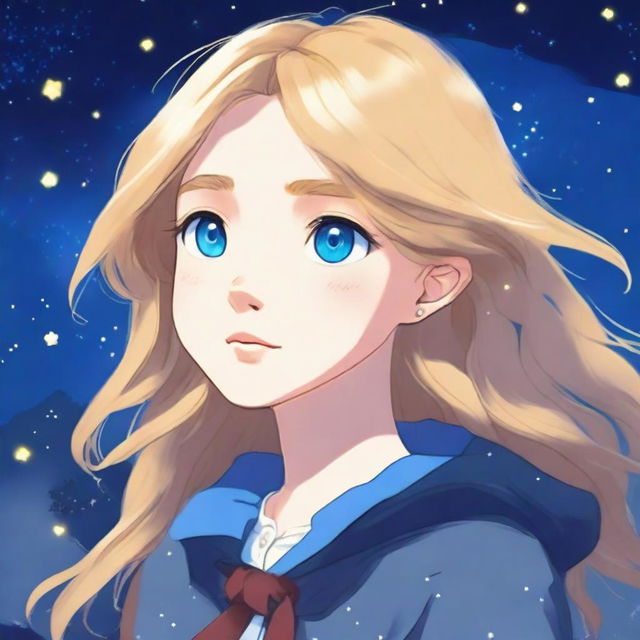 This high-quality digital art image, rendered in the enchanting Studio Ghibli style, showcases a teenage girl with medium blonde hair and deep blue eyes