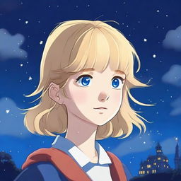 This high-quality digital art image, rendered in the enchanting Studio Ghibli style, showcases a teenage girl with medium blonde hair and deep blue eyes