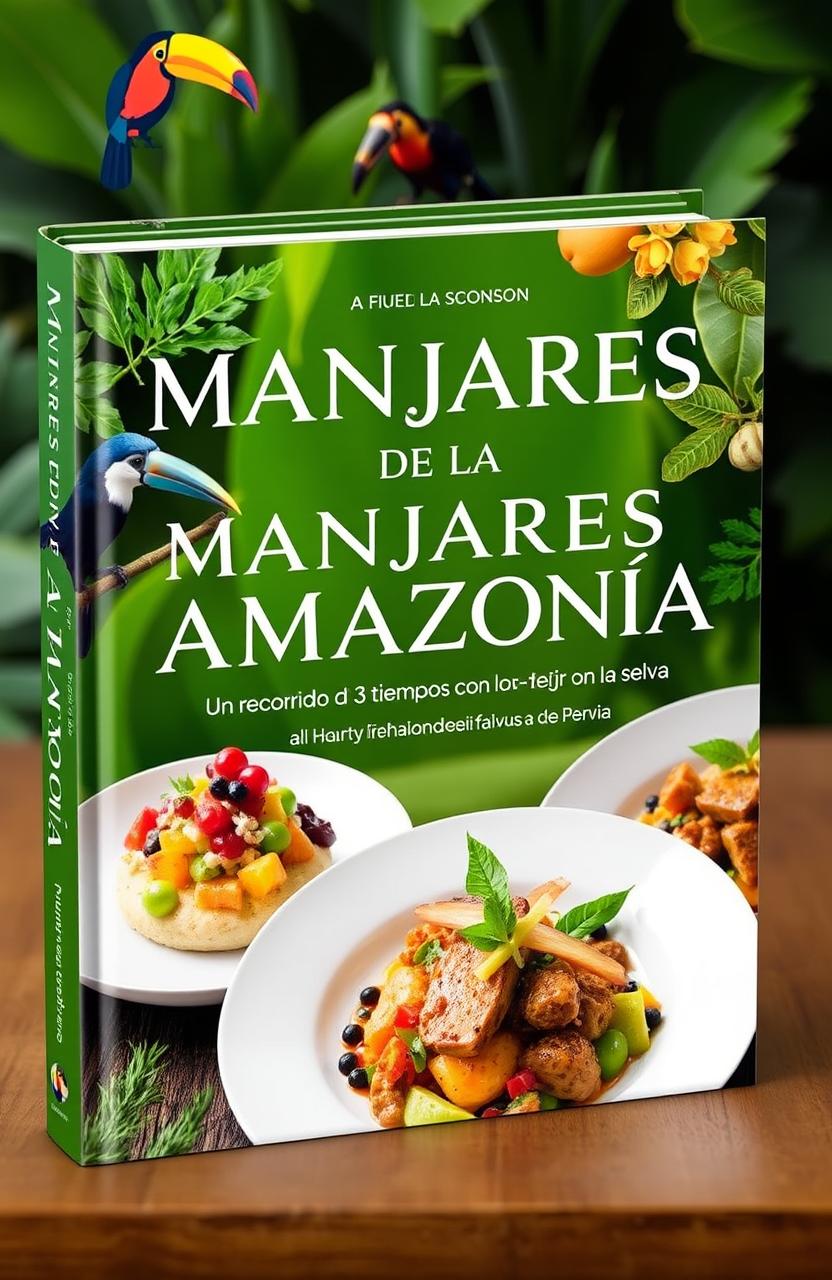 A beautiful book cover design for "MANJARES DE LA AMAZONÍA: Un recorrido de 3 tiempos con lo mejor de la selva"
