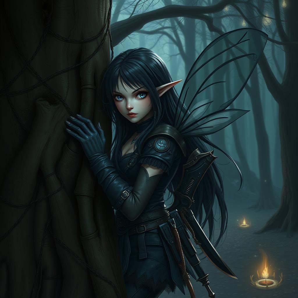 A fairy girl with long black hair and shimmering silver eyes, dressed in black leather clothing adorned with various weapons strapped to her body