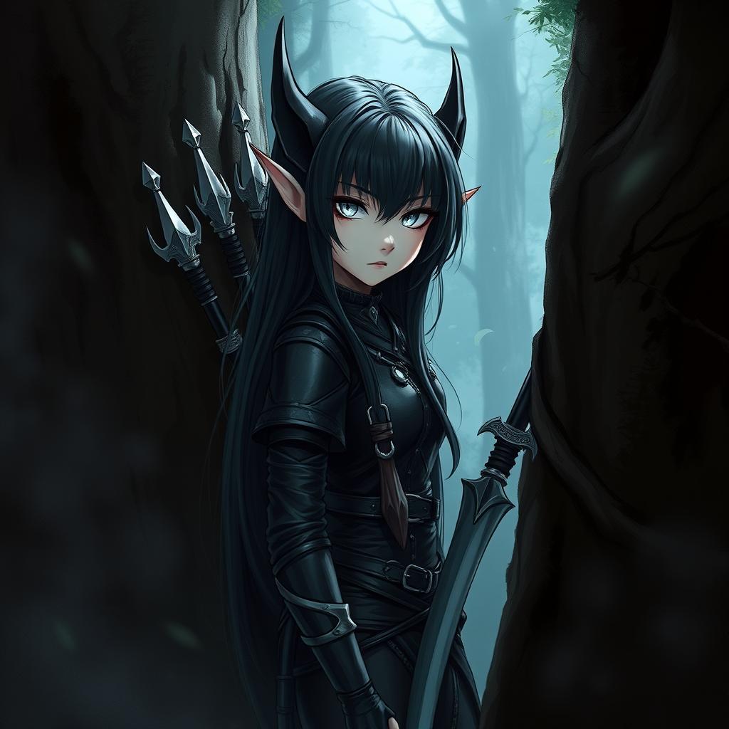 A girl with long black hair and striking silver eyes, featuring pointed ears, is dressed in black leather clothing adorned with various weapons attached to her body
