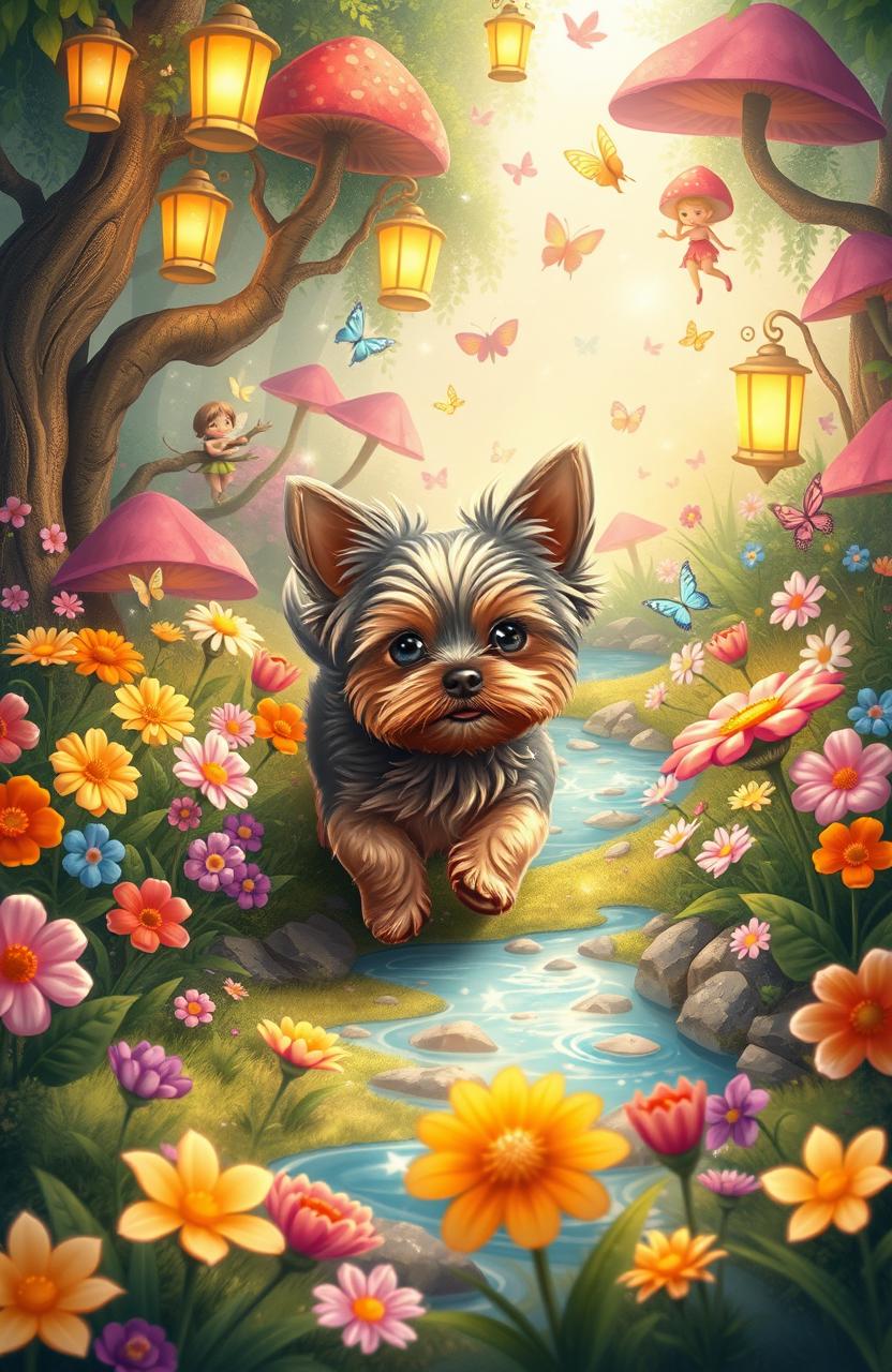 A magical garden featuring a small Yorkshire Terrier as the main character