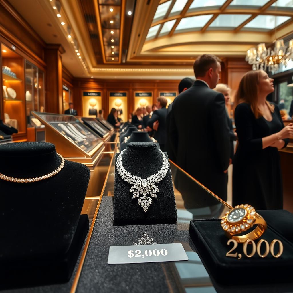 A stunning scene depicting an elegant, high-end jewelry store, showcasing an array of sparkling diamond necklaces, gold rings, and exquisite watches displayed on luxurious black velvet surfaces