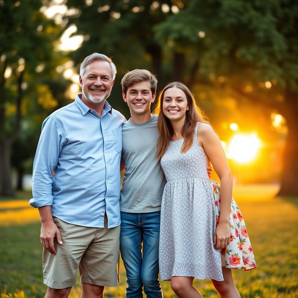 A warm and joyful family portrait featuring four members: a father and mother, a teenage son and daughter