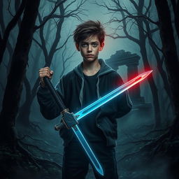 A dark and twisted forest, characterized by tall trees with branches that seem to form threatening figures in the dim light